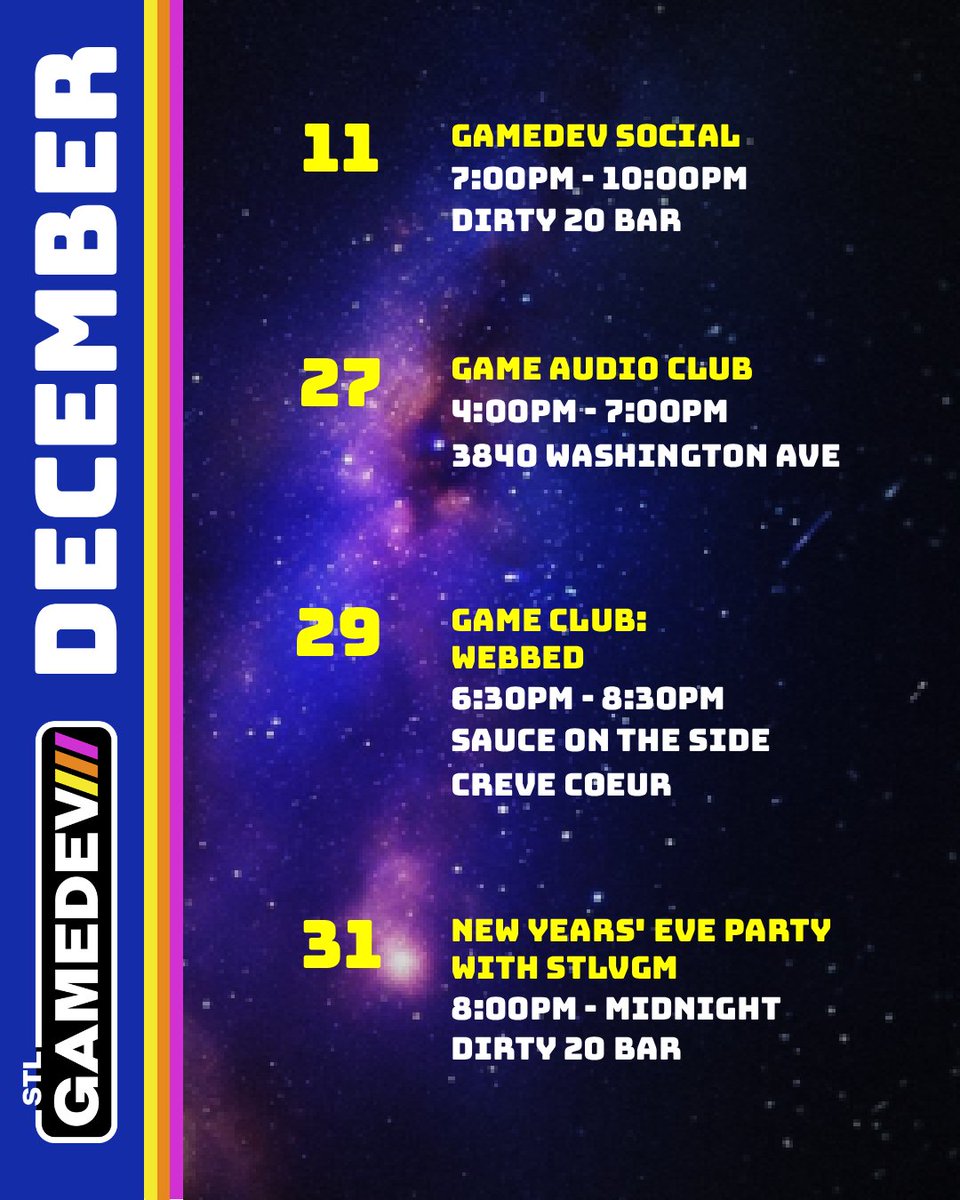 stlgamedev's tweet image. The year isn&apos;t ending quite yet  - we have a bunch of events lined up for you at the end of December! Join us tonight for the #GameDev Social, or for our Audio meetup. Talk about Webbed with us at Game Club, or join us for our New Years&apos; Eve Party with STLVGM!

#stlouis #indiedev