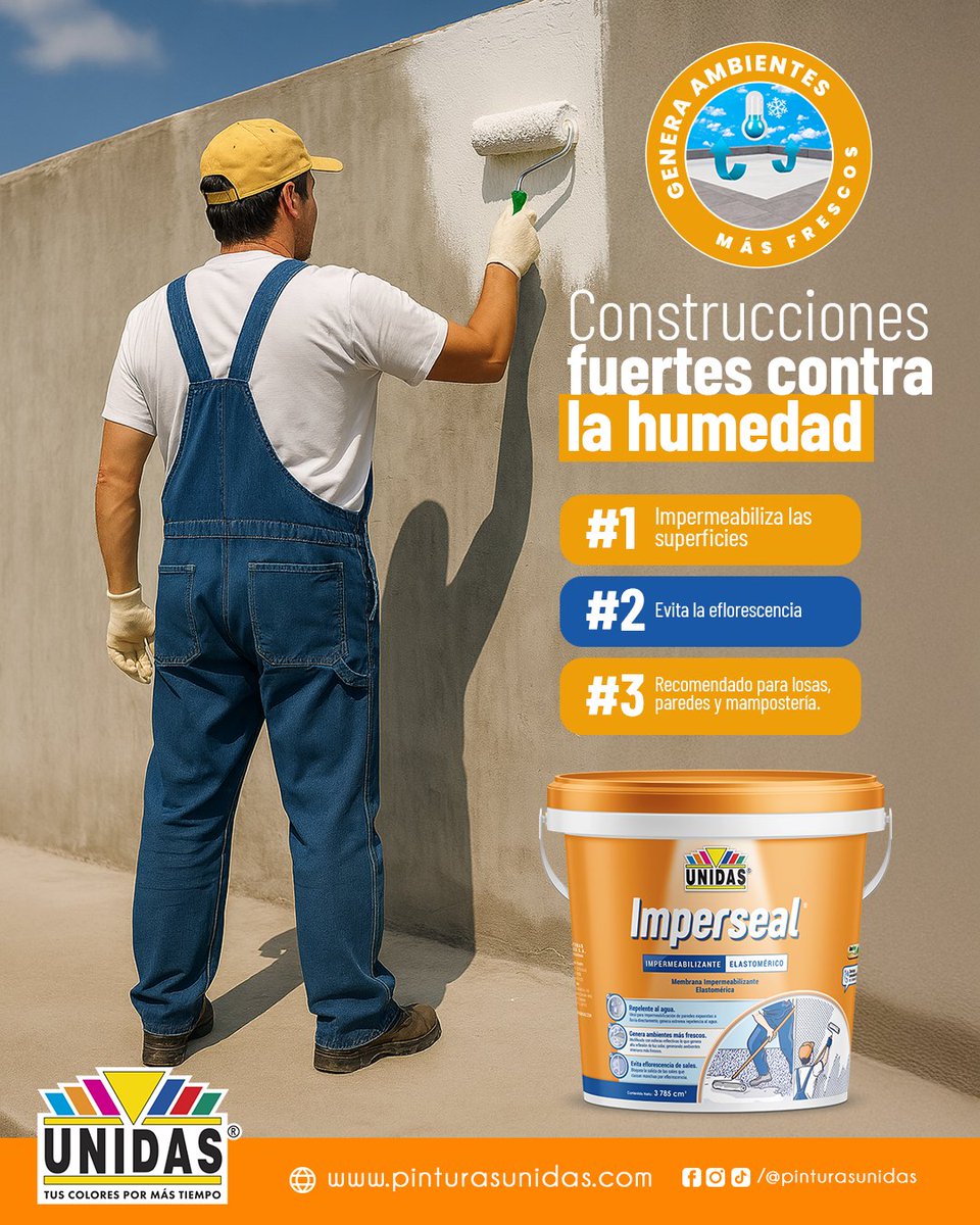 Protege tus paredes con Imperseal. 🌦️ El impermeabilizante que sella y previene filtraciones. Repele el agua, evita humedad y genera ambientes frescos y duraderos.

🏡 Ideal para muros, techos, losas, bases y estructuras expuestas. 

#PinturasUnidas #Imperseal #Impermeabilizante
