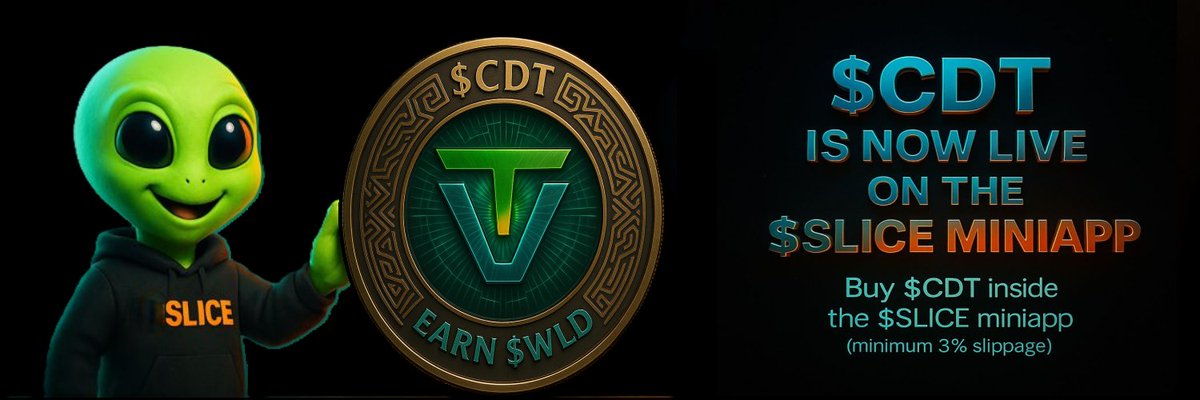 Davanasgaming's tweet photo. $CDT is now LIVE inside the $SLICE miniapp.
Swap activated. Cosmic green go.

Buy $CDT (min. 3% slippage) directly here:

🔗 https://t.co/QJZCLGtkbw
👽🔥 https://t.co/Hse8C3MQk7