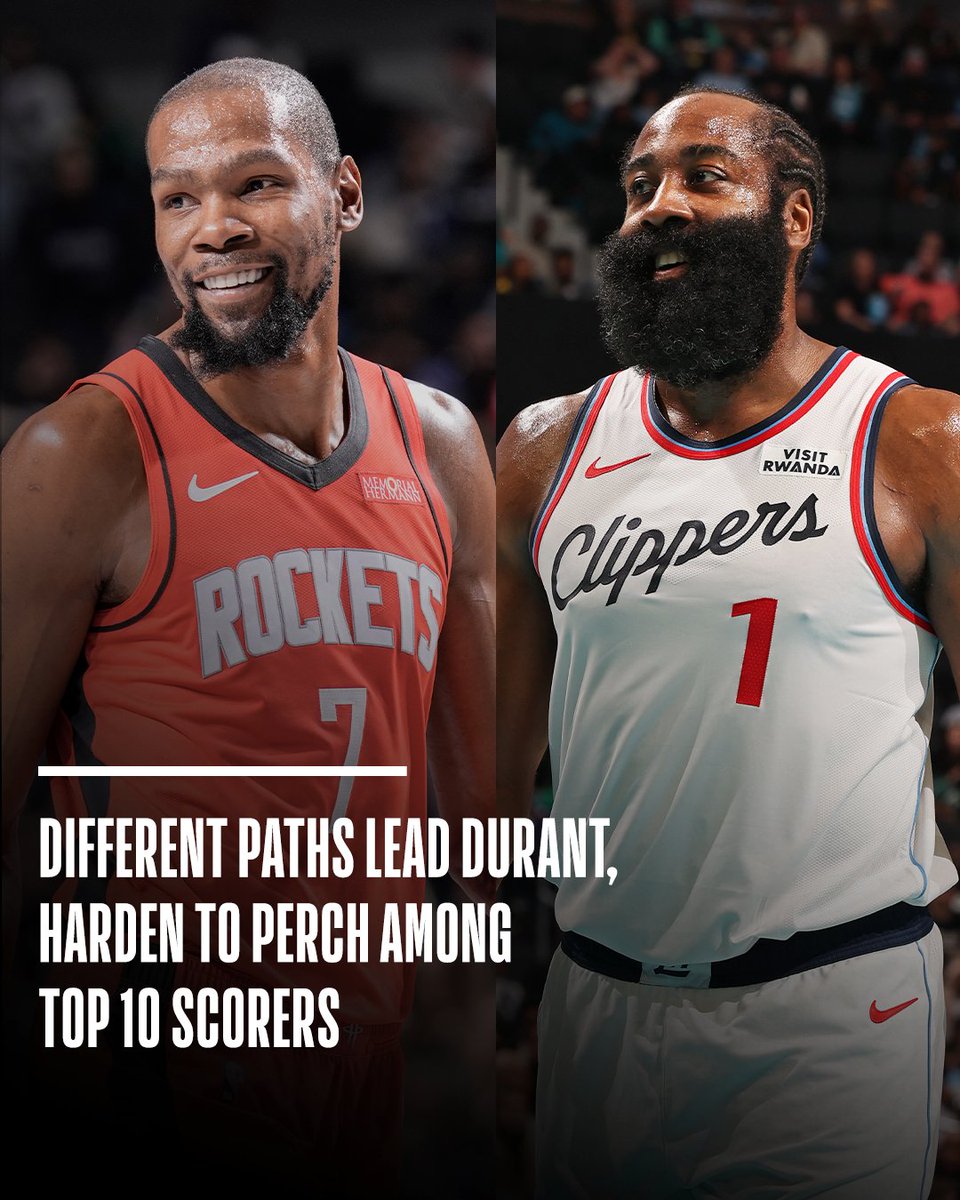NBA's tweet photo. Two former teammates, two all-time great scorers 🏀

@brian_martin breaks down the unique paths that lifted Kevin Durant and James Harden into the NBA’s Top 10 all-time scorers ahead of tonight’s Clippers/Rockets matchup at 8pm/et on NBA League Pass.

➡️ https://t.co/CrogbLJ6dy https://t.co/MbLFJqcpfq