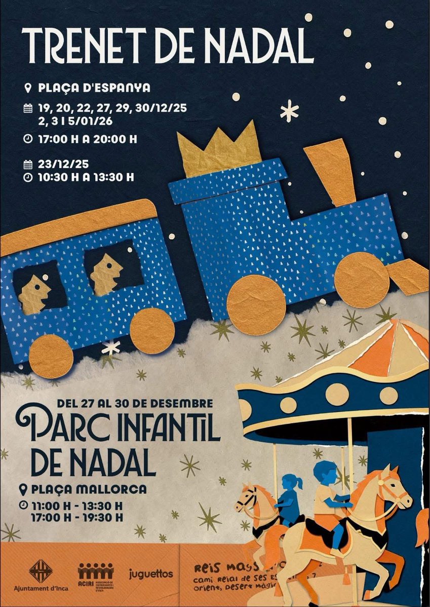 IncaAssoc's tweet image. Inca Fa Nadal 2025. Aquest any més trenet i molt més PIN. ACIRI et recomana comprar al Petit Comerç de la nostra CIUTAT
