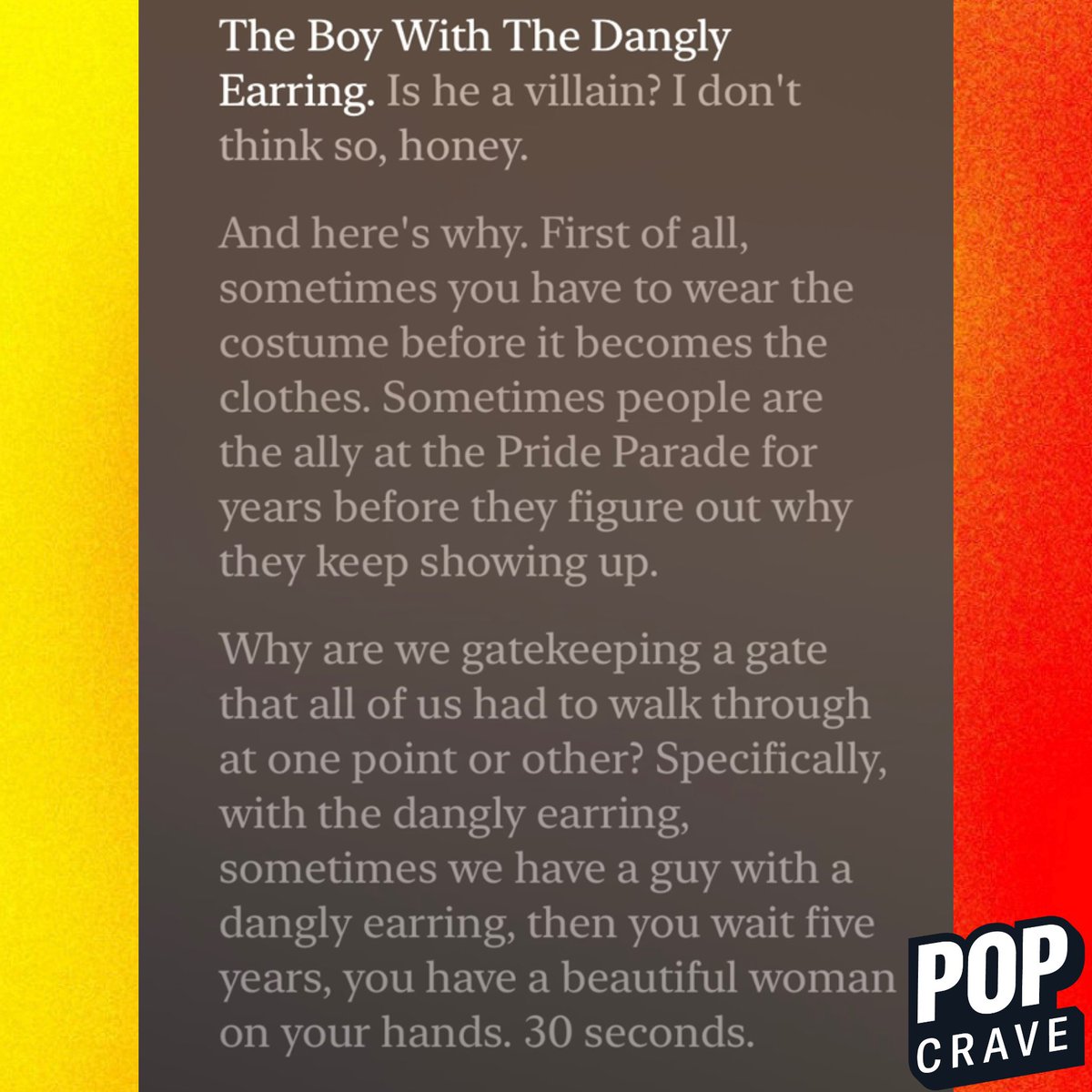 PopCrave's tweet image. Lucy Dacus defends seemingly-hetero men who wear a dangly earring on Las Culturistas:

“Sometimes people are the ally at the Pride Parade for years before they figure out why they keep showing up…we have to do the hard work and take the time to find out if someone is actually…