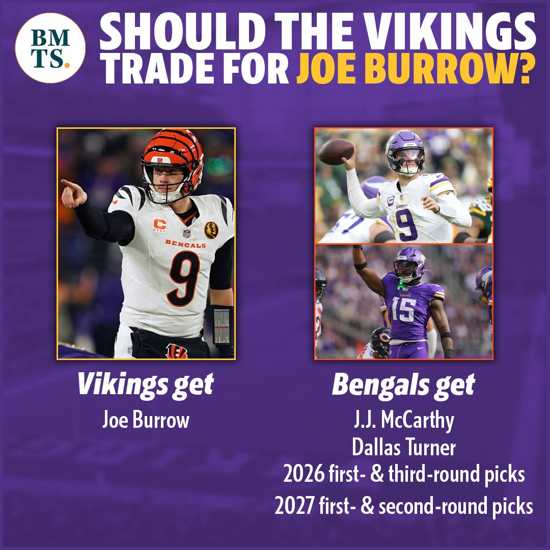 BMTNSports's tweet image. If Joe Burrow asks the Bengals for a trade, should the Vikings make an all-in offer to reunite him with college teammate Justin Jefferson?

Here's the case for it: si.com/nfl/vikings/on…