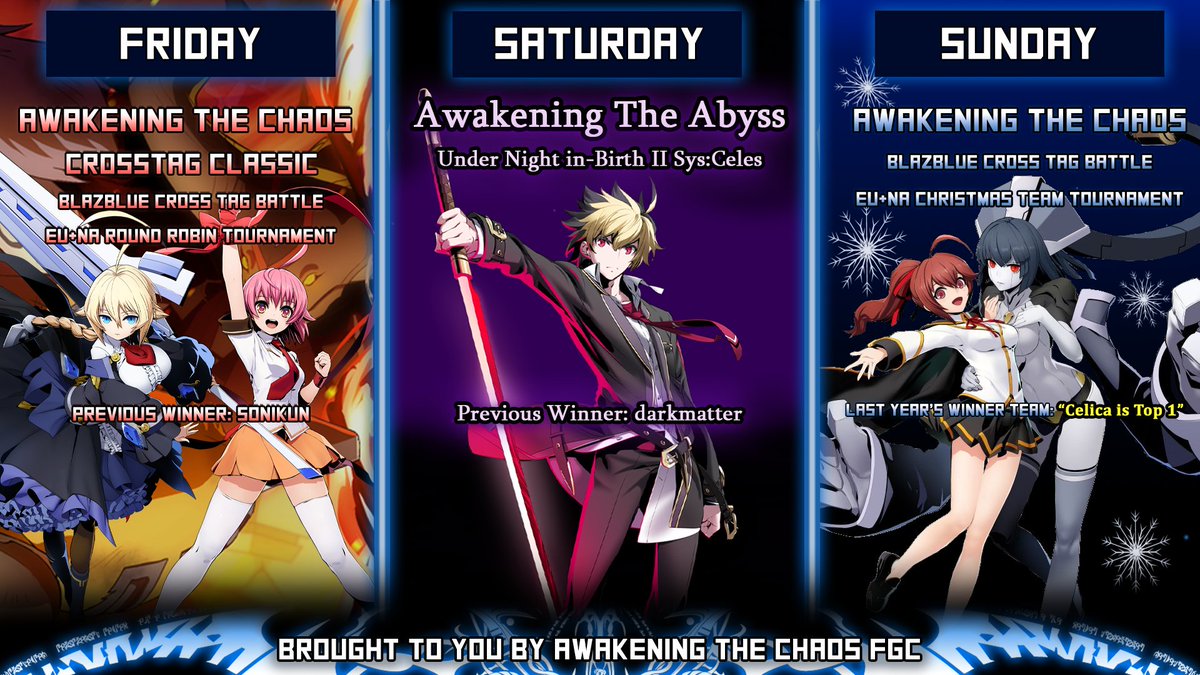 AtCFGC's tweet image. Next weekend's schedule!

Friday 19th 8PM CET - #BBTAG Round Robin :
atcfgc.challonge.com/AtCC8

Saturday 20th 7PM CET - #UNI2 : atcfgc.challonge.com/AtA41

Sunday 21st 8PM CET - #BBTAG Team Tournament:
atcfgc.challonge.com/AtCTT2

All tournaments are played on PC!
discord.com/invite/uZ5xxhK…