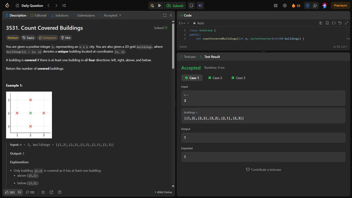 RahulSingh30070's tweet image. 📌 Day 83 Progress
🎯 POTD: LC #3531 – Covered Buildings
👉 Took min/max ranges on X &amp;amp; Y; counted buildings strictly inside both.
📘 OS: Completed File System — structure, allocation, access
#LeetCode #100DaysOfCode #DSA #CodingJourney