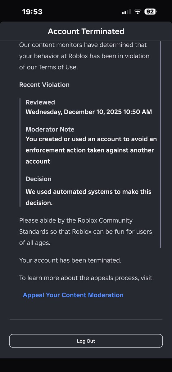 Cyrosect's tweet photo. @Roblox whyd you guys terminate me when the only alternative account I have is unused and never got banned before beside a 5 minutes vc ban? My main hasnt broken any rules either since the 31st december 2024 which I can also prove if you guys actually see this, literally please. https://t.co/OIQVGBsTZ8