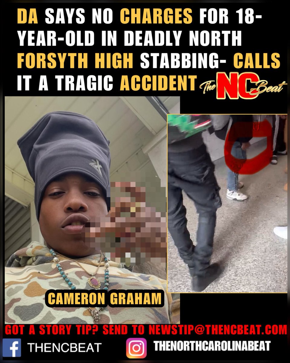TheNCBeat's tweet photo. UPDATE: #ForsythCounty DA says the fatal North Forsyth High stabbing was a tragic accident — and the 18-year-old WILL NOT face charges.
Police say 16-year-old Cameron Graham pulled the knife, the two wrestled for it, and one fatal stab happened during the struggle. https://t.co/piNdSaUE4l