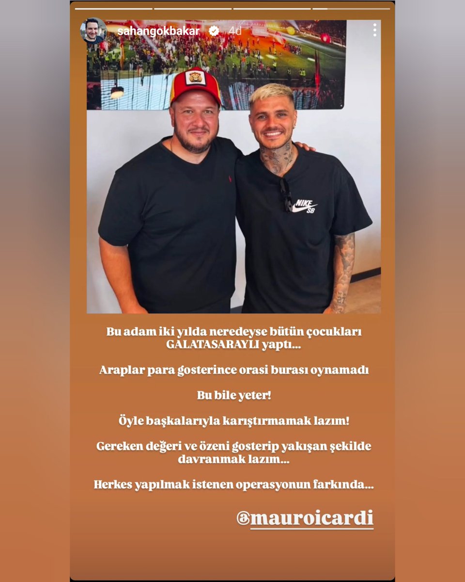 forzacimbom's tweet photo. Şahan Gökbakar'dan Mauro Icardi'ye destek.

"Bu adam iki yılda neredeyse bütün çocukları GALATASARAYLI yaptı. Araplar para gösterince orası burası oynamadı. Bu bile yeter! Öyle başkalarıyla karıştırmamak lazım!

Gereken değeri ve özeni gösterip yakışan şekilde davranmak lazım. Herkes yapılmak istenen operasyonun farkında…"