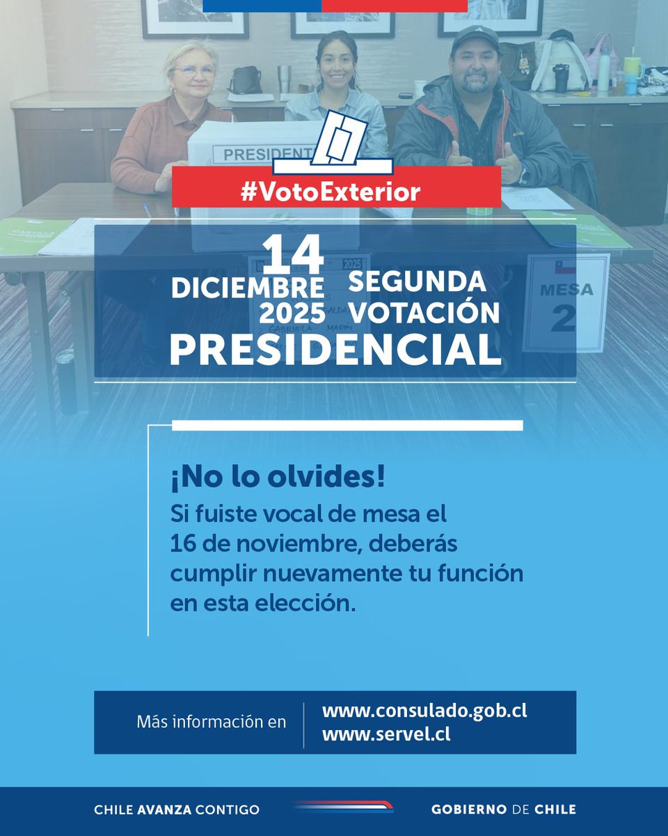 🗳️ #VotoExterior | Este 14 de diciembre se realiza la segunda votación presidencial 2025. Si fuiste vocal de mesa el 16 de noviembre, recuerda que debes cumplir nuevamente tu función.
Infórmate en bit.ly/votoexterior14…