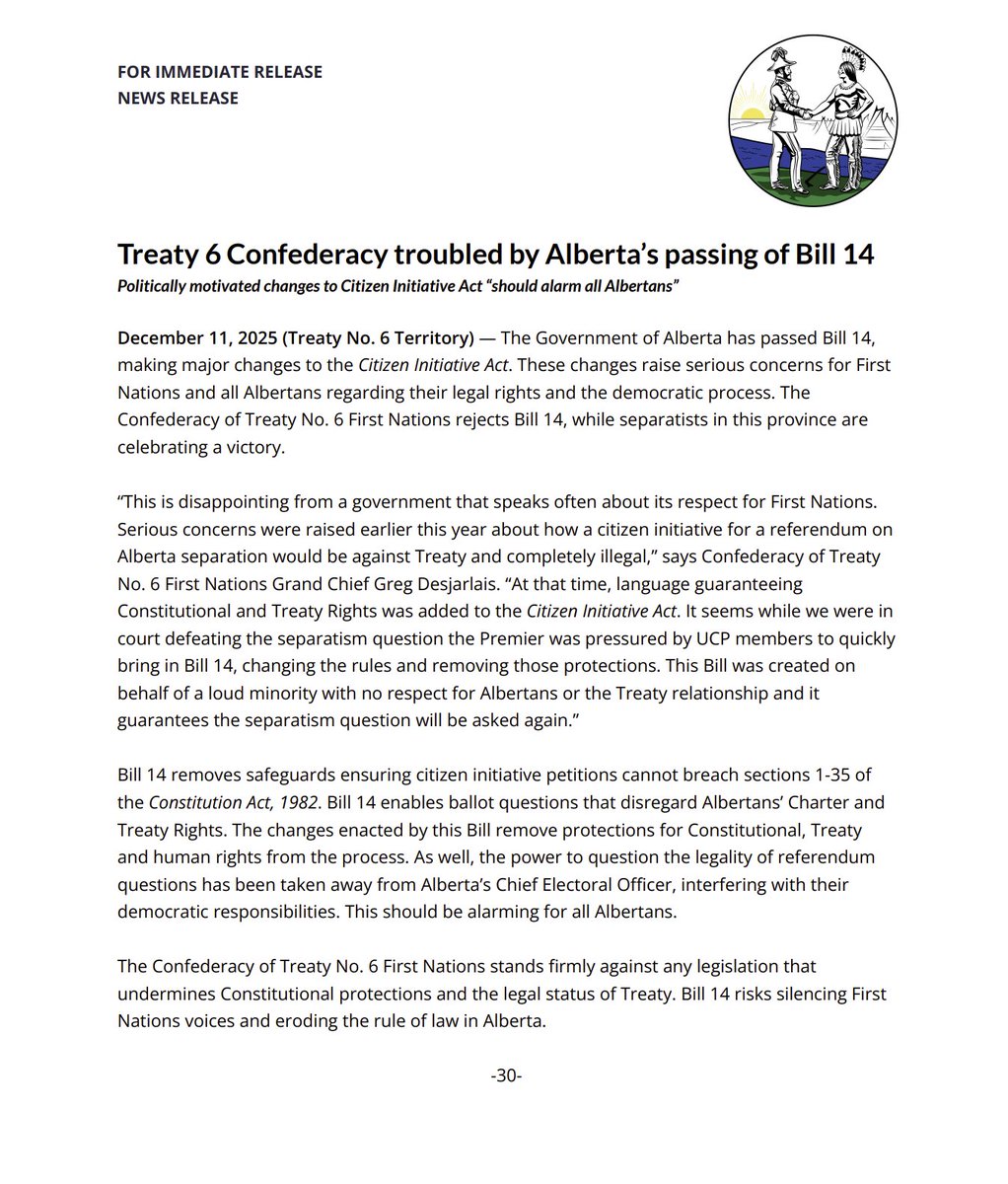 The Grand Chief of Treaty 6 now joining the chorus of boos for the UCP's Bill 14.

Critics have included: the chief electoral officer, a judge, the NDP, independent MLAs, Alberta Republicans, political scientists, and a bunch more Albertans. Did I miss anyone?