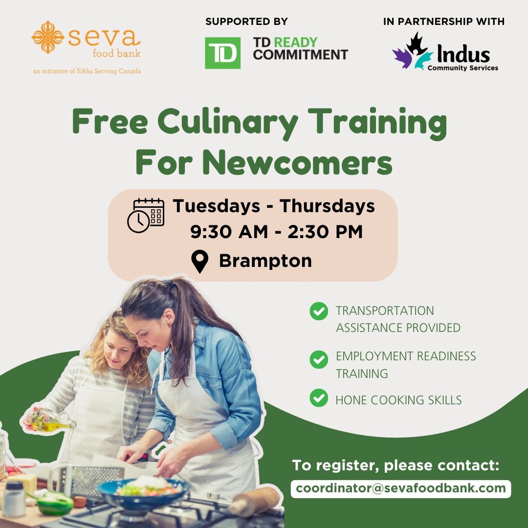 🔥 Are you passionate about cooking?

Turn your passion into a career! 🍳 Join our FREE 10-week Culinary &amp; Employment Skills Training in Brampton. Limited spots available—register now! 📩 coordinator@sevafoodbank.com
.
.
#CulinaryTraining #CookingSkills #FreeProgram #FoodBank