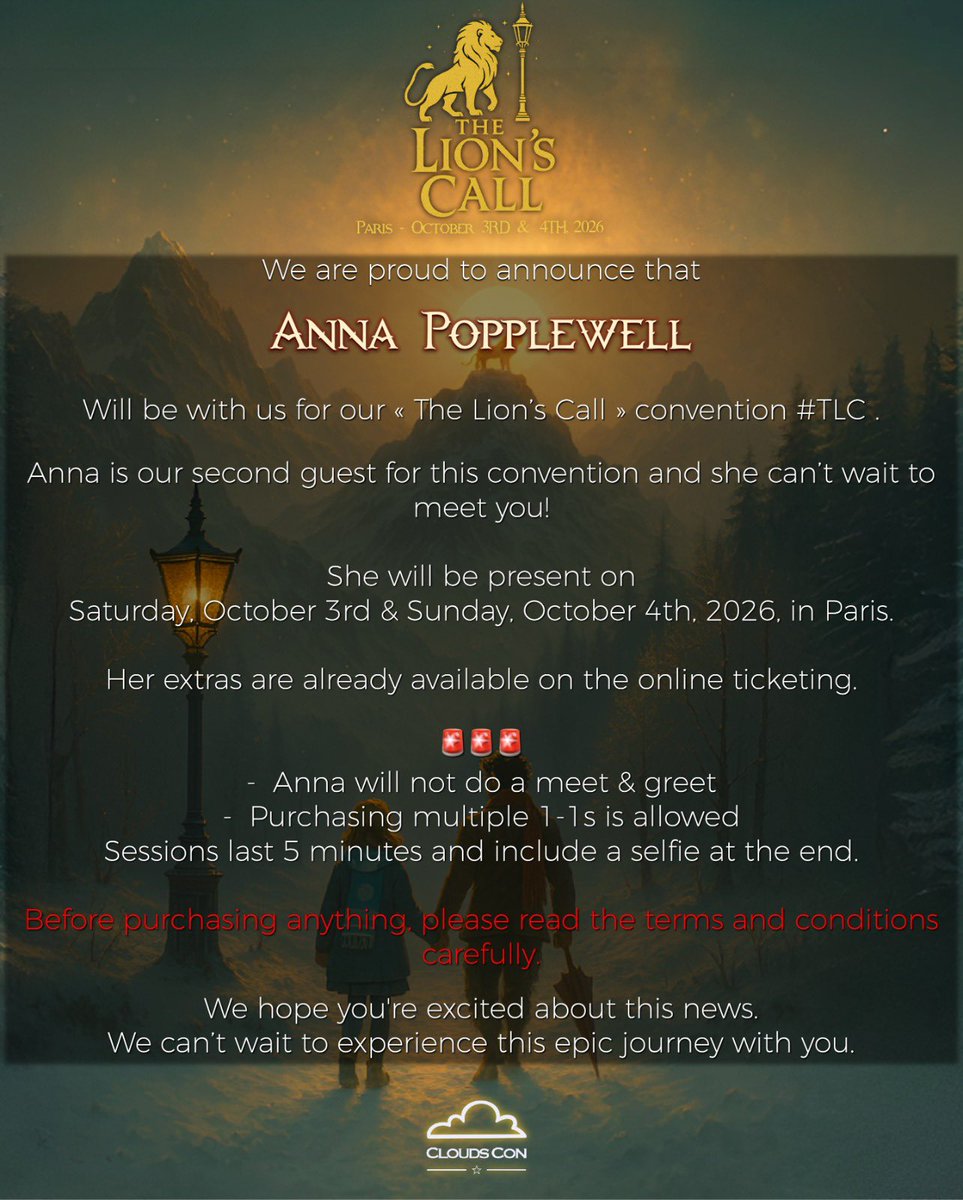 CloudsCon's tweet image. #TLC #TheLionsCall 🦁

Nous sommes très heureux de vous annoncer la venue de ANNA POPPLEWELL pour la THE LION’S CALL à Paris ! 🦁

🗓️ 3 &amp;amp; 4 Octobre 2026
📍Paris, FRANCE 🇫🇷
-------
We are so thrilled to announce that ANNA POPPLEWELL is our 2nd guest for our #TheLionsCall