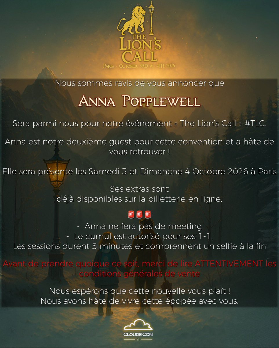 CloudsCon's tweet image. #TLC #TheLionsCall 🦁

Nous sommes très heureux de vous annoncer la venue de ANNA POPPLEWELL pour la THE LION’S CALL à Paris ! 🦁

🗓️ 3 &amp;amp; 4 Octobre 2026
📍Paris, FRANCE 🇫🇷
-------
We are so thrilled to announce that ANNA POPPLEWELL is our 2nd guest for our #TheLionsCall