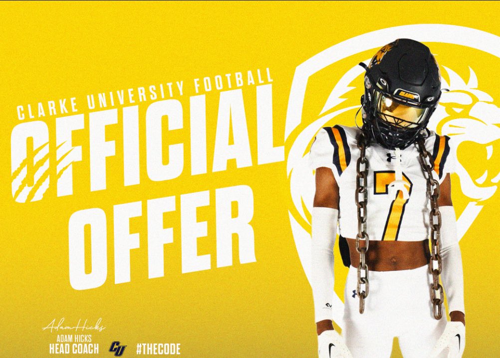 AGTG! Im blessed to receive an offer from <a href="/ClarkePrideFB/">Clarke Pride Football</a>!!!
<a href="/Saddleback_FB/">Saddleback College Football</a> <a href="/coachfischer7/">Jeff Fischer</a> <a href="/CoachLukeSC/">Coach Williams Fierro</a> <a href="/CoachMurray79/">Kenneth Murray Jr.</a>