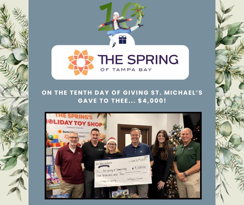 stmichaelsinc's tweet photo. St. Michaels has donated $4,000 to The Spring of Tampa Bay, marking the 10th day of our charitable giving initiative.

What started as a small network of community support quickly blossomed into Florida's largest domestic violence shelter, with 128 beds in its emergency shelter. https://t.co/l26aotOGlw