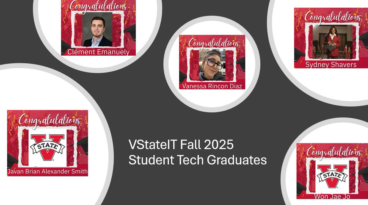 VStateIT's tweet photo. 🎉Congratulations to our graduating IT student technicians!🎉Clément Emanuely, Vanessa Diaz, Sydney Shavers, Javan Smith, and Won Jae Jo 🎉Thank you for being great team members. We are so proud of you for earning your degree @valdostastate. We wish each of you the very best!! https://t.co/CpV26iZlMa
