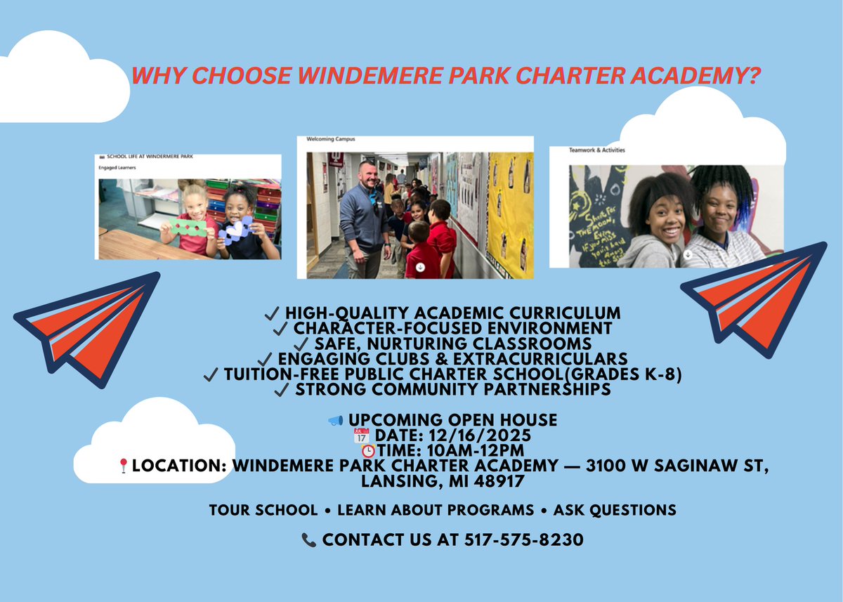 WindemereParkCA's tweet image. NOW ENROLLING at Windemere Park Charter Academy!
✨ Tuition-Free (K-8)
✨ Safe, welcoming environment
✨ STEM, arts, sports &amp;amp; enrichment
✨ Caring teachers who make a difference
❤️ Give your child a place where they can grow, thrive, and shine.
#WPCA #NowEnrolling