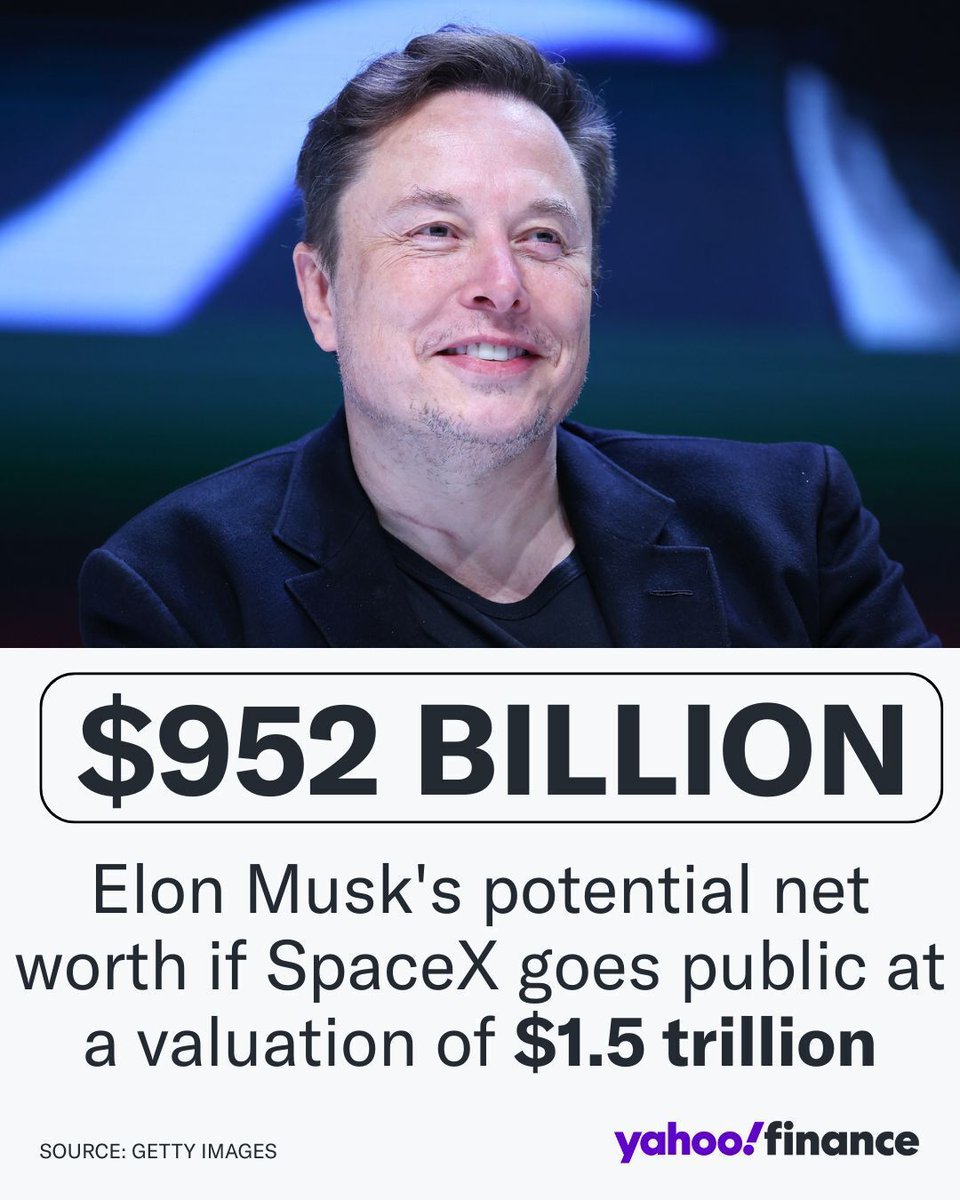 🛰️ If SpaceX goes public at a valuation of $1.5 trillion, Elon Musk's net worth could rocket to $925 billion, making him the world's first trillionaire.