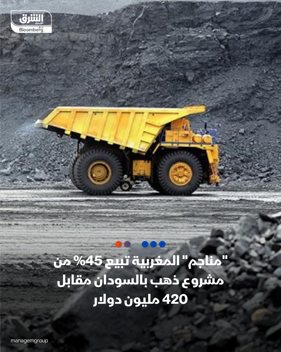 "مناجم" المغربية تبيع 45% من مشروع ذهب بالسودان مقابل 420 مليون دولار. مجموعة "مناجم" المغربية تعلن عن توقيع اتفاق لبيع حصة إضافية من مشروع الذهب في غبغبة القطاع 15 بالسودان لصالح شركة Norin Mining الصينية. قيمة الصفقة: 420 مليون دولار لبيع 45% من المشروع في السودان. الشركة الصينية سترتفع حصتها إلى 80% بعد إتمام الصفقة. المرحلة الصناعية القادمة: تمويل مشروع WG03 لزيادة الإنتاج بـ 120 ألف أونصة ذهب سنوياً.. حضور مستمر في السودان: "مناجم" تحتفظ بنسبة 20%في المشروع و50% في قطاعات استكشاف أخرى (9 و24 و64 و66) 