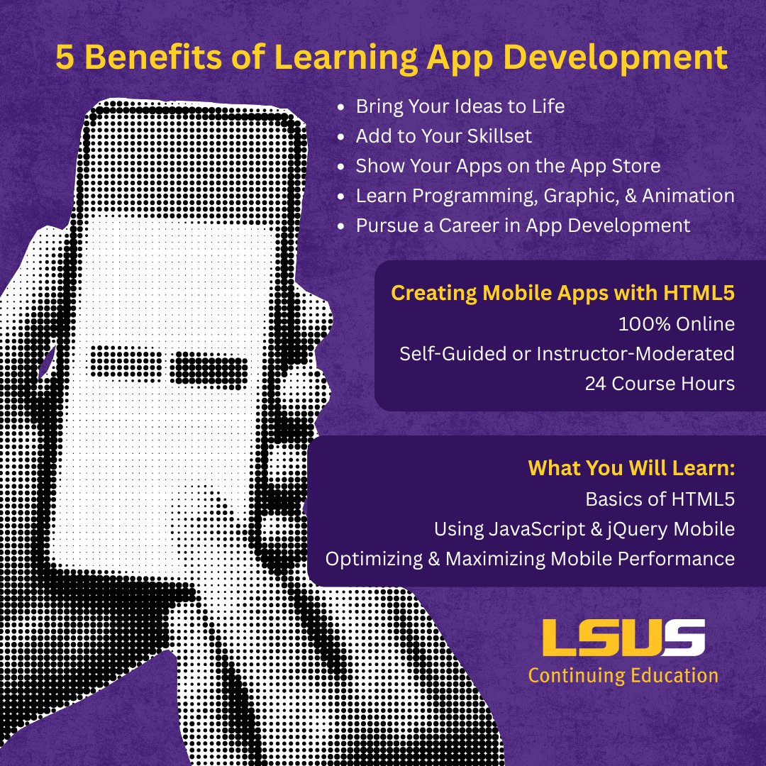 Apps make life easier and have created many career opportunities. Want to build apps without having to learn 5 different programming languages? 📱 You can start with our easy to follow online Creating Mobile Apps with HTML5: ed2go.com/lsus/online-co… 
#NationalAppDay #appdesigner