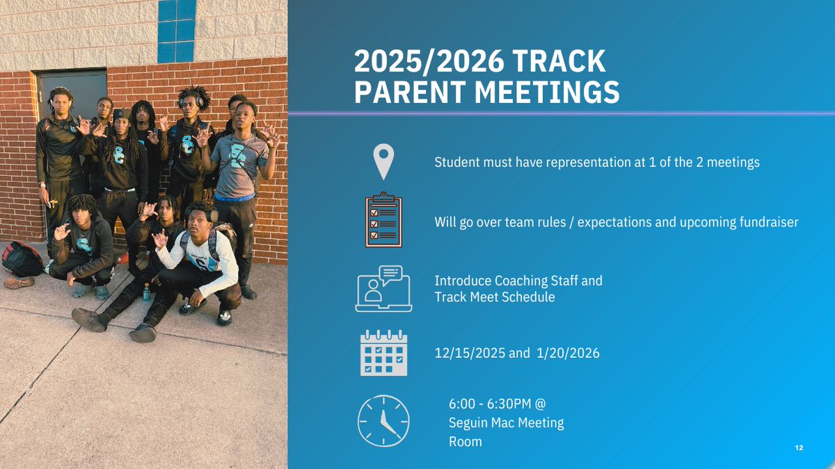 ASeguinTrack's tweet image. Reminder our first Parent Meeting of the 2025-2026 season is this upcoming Monday! #SeguinNation #Southside #BeTheUnicorn