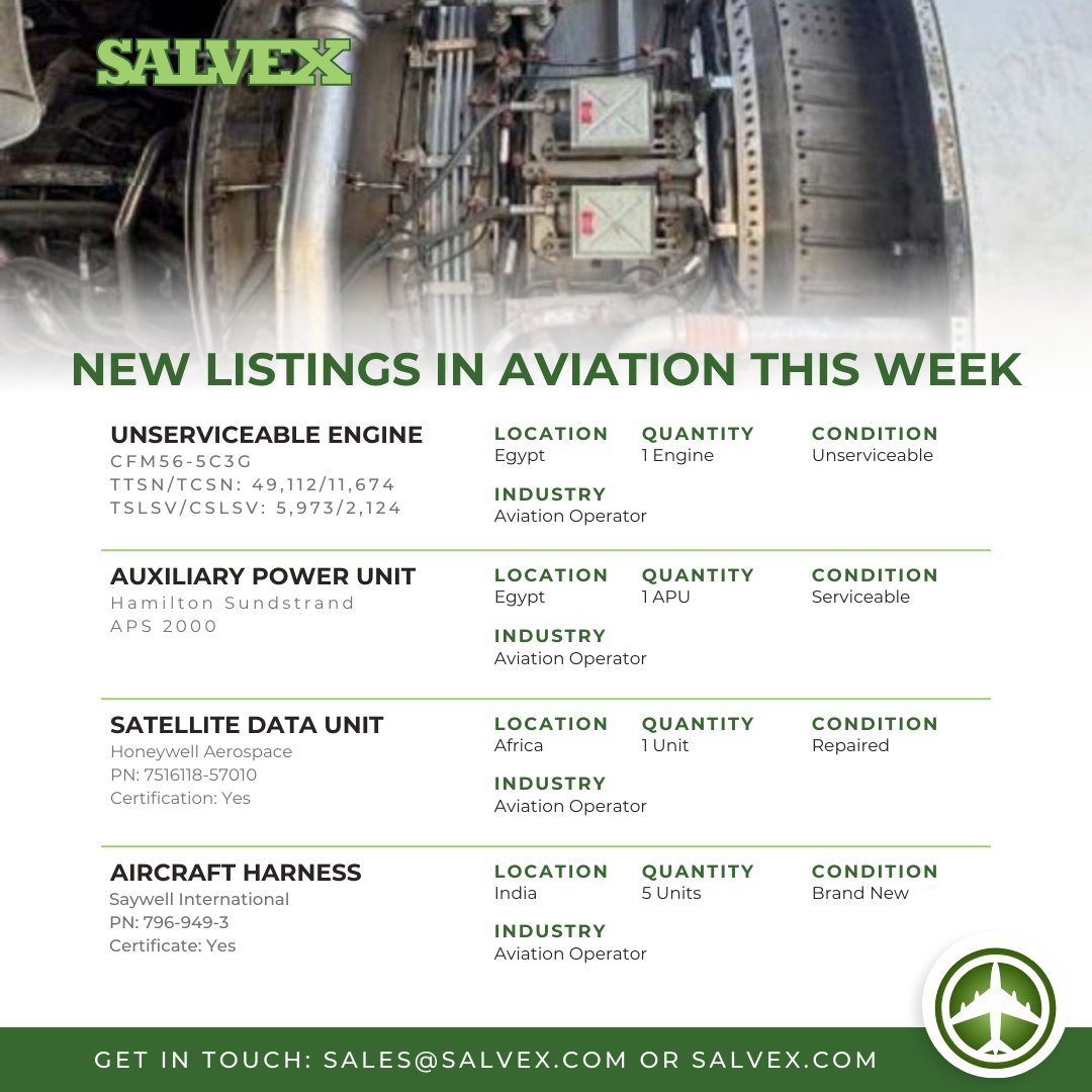 aviation_ai's tweet photo. New aviation inventory is now available, sourced directly from operators across multiple regions. Contact our team for details, pricing, and availability.

#AviationMarket #AviationParts #AerospaceSupply #AircraftComponents #AviationSales #SurplusAviation #SalvexAviation https://t.co/RFQ1d3abcN