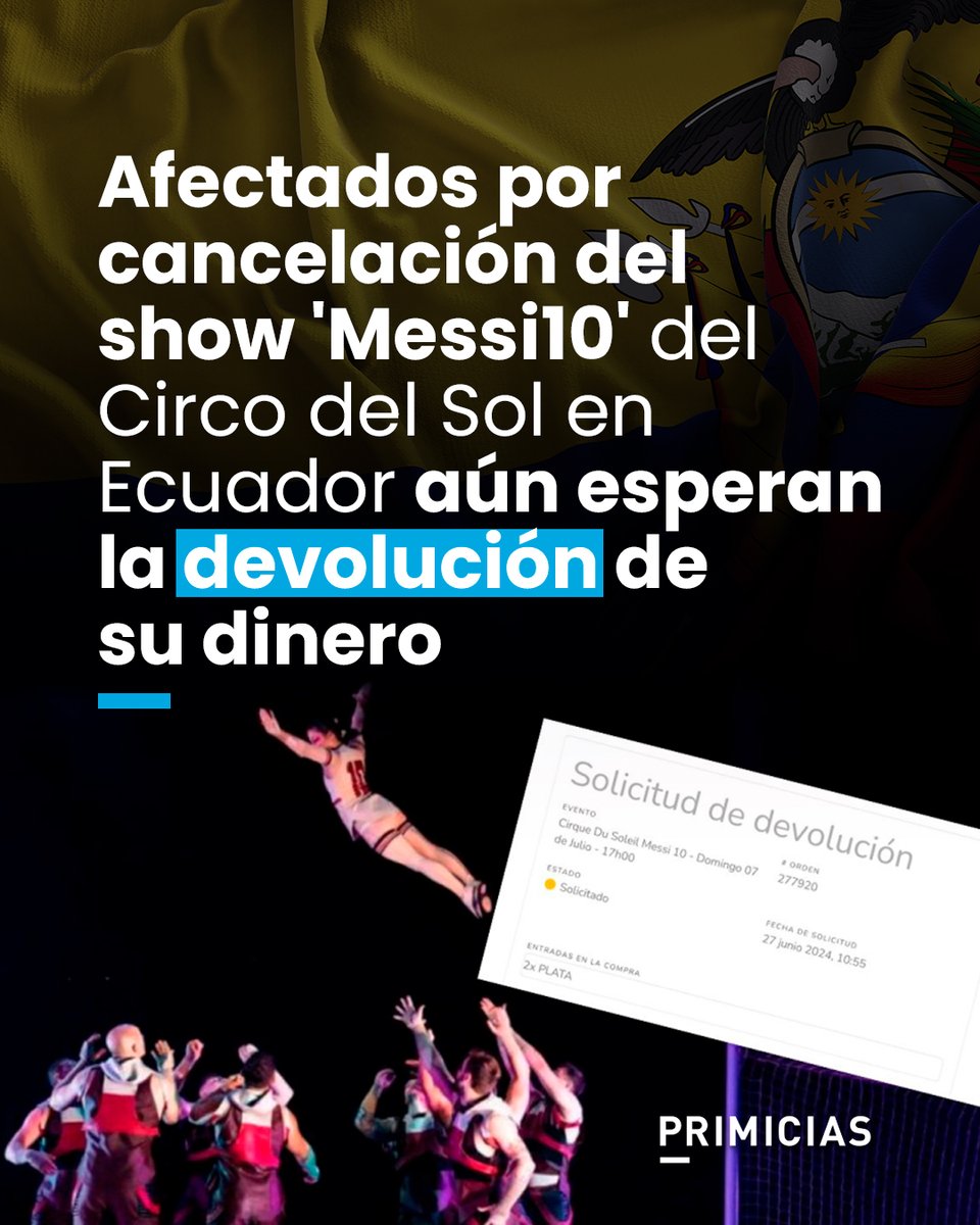 Colectivo de perjudicados por la cancelación del show 'Messi10 by Cirque du Soleil', en Ecuador, denuncian que firmaron un acta de intermediación, y pese a ello no todos han recibido el reembolso de su dinero.  prim.ec/jFbo50XHAxK