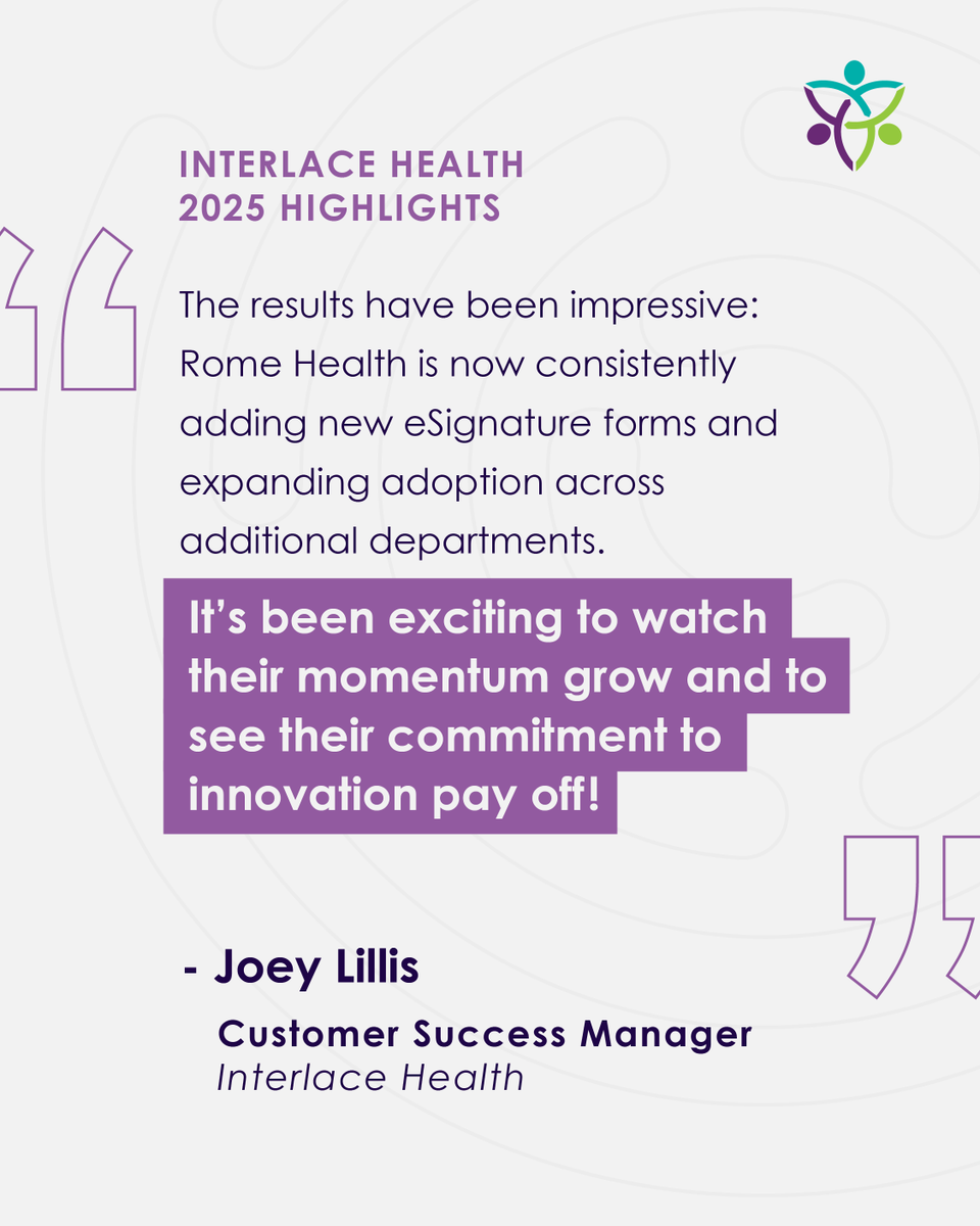 InterlaceHealth's tweet photo. Watching our customers grow is the best part of our work.

As Joey Lillis shared, Rome Health continues to expand eSignature adoption and drive real workflow change. Proud to support their momentum.

#InterlaceHealth #CustomerSuccess #HealthTech #DigitalHealth #HealthIT https://t.co/Gz8Gn5HnsO