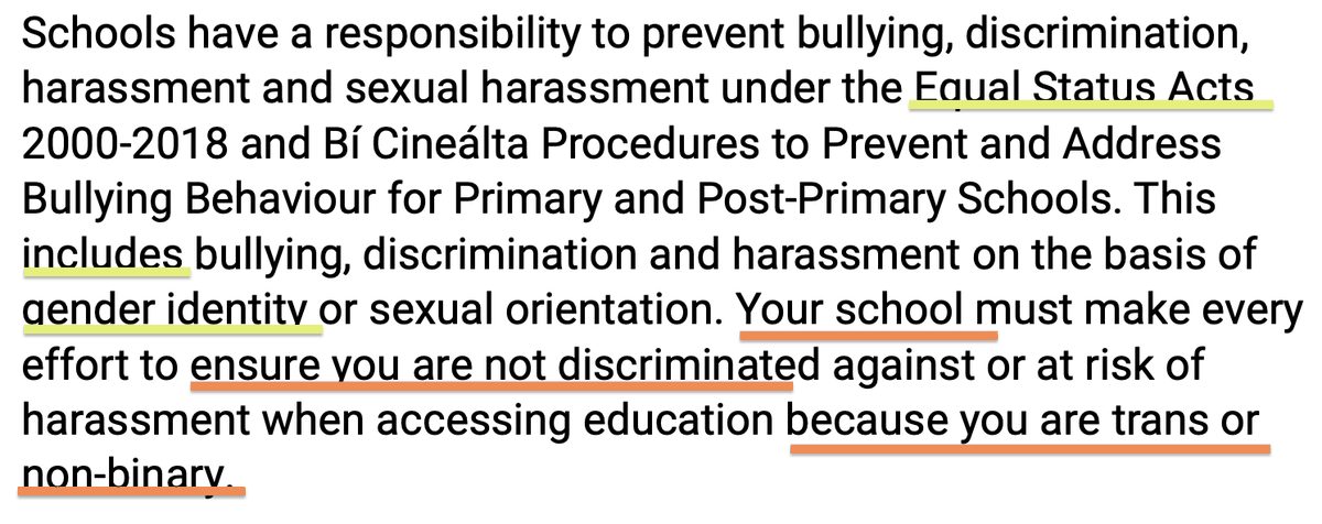 NiamhLanes's tweet photo. This is a bit ambiguous from your trans guide, @ICCLtweet.

It seems to imply that gender identity is protected in the ESA and in #BíCineálta. Gender identity is not one of the grounds in the ESA, as far as I can see. @RonanMullen

On the other hand, gender identity is not only protected by #BíCineálta — it is thoroughly and dogmatically enforced on schoolchildren of all ages.

The opt-out is an essential edit to that policy, and nobody has to play along with someone else’s notion of themselves.
@Education_Ire @1Hildegarde @CatholicBishops

The defence of trans ideology in schools automatically discriminates against, or bullies, children from families who believe in the biological binary.

@kenoflynnTD @Toibin1