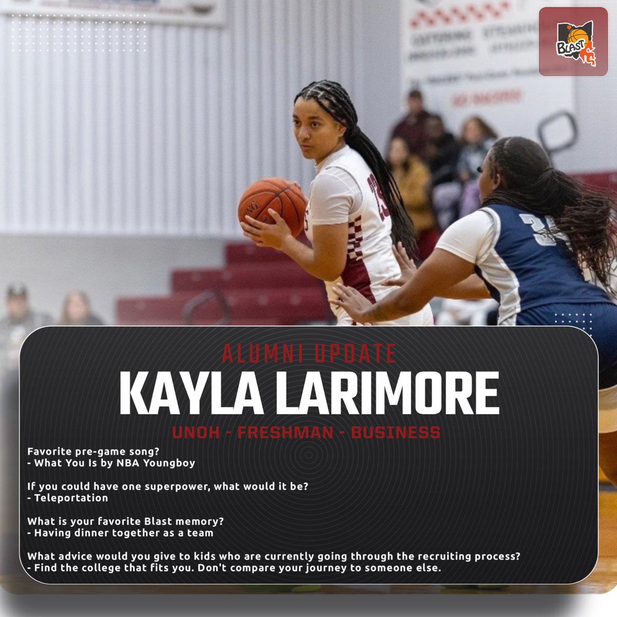 Our alumni update this week is Kayla Larimore at the University of Northwestern Ohio!