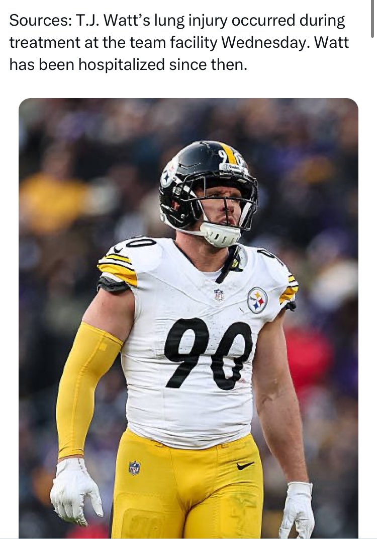 TheDegenDoc's tweet photo. Steelers OLB TJ Watt Injury Update 🏥

Oh boy, a couple things here that make me have a bit more of a pessimistic outlook

1) Hospitalized since Wednesday - Medical team found it necessary for him to be admitted & monitored overnight 📉

2) Injury occurred during “treatment”… hard not think this isn’t another Tyrod Taylor situation (punctured lung while giving pain injection to ribs). If that’s the case, it’d be at least a multi-week absence 📉

Hope I’m wrong, but not looking great for Watt being out there for MNF

#HereWeGo #PhinsUp