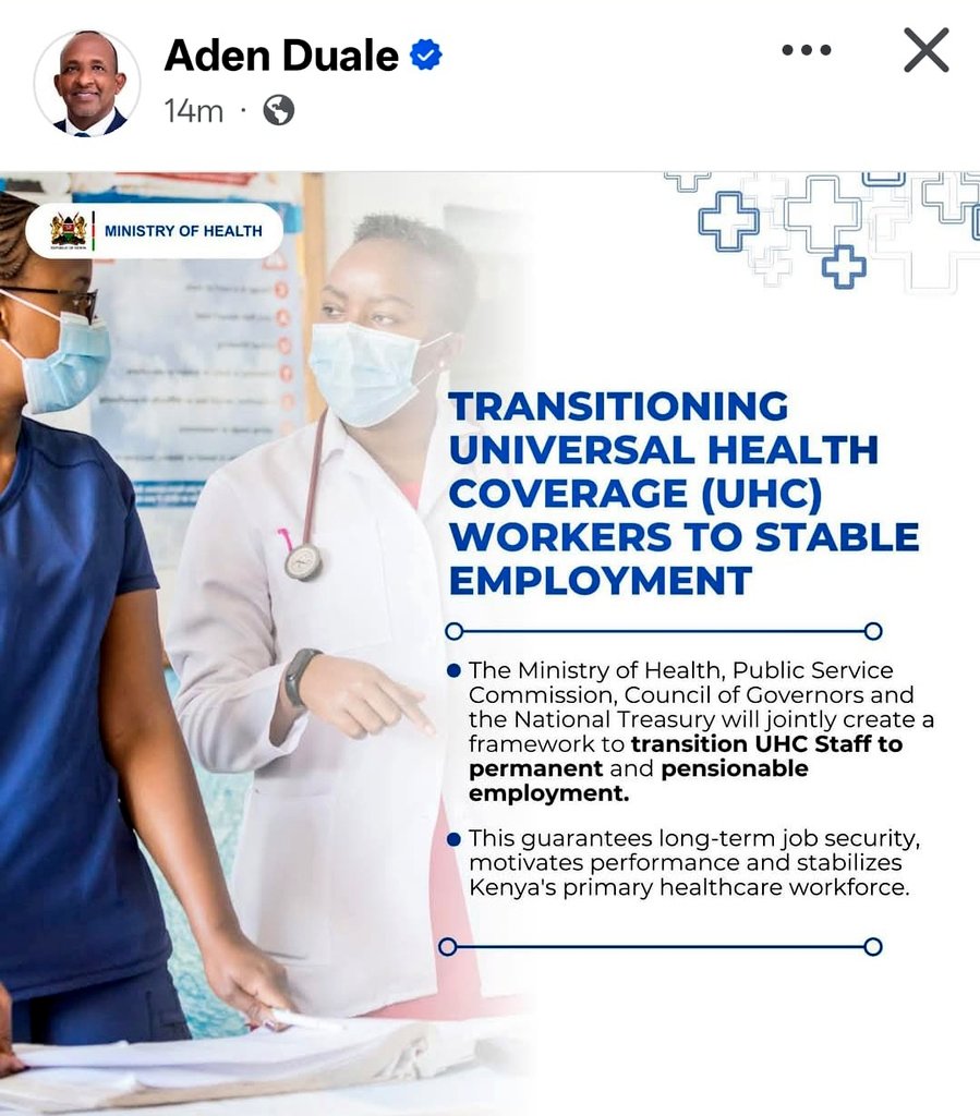 Great news:

Transitioning of UHC staff to PnP terms guarantees us a stable job security after a unstable 6 year long of discriminative contracts.

<a href="/HonAdenDuale/">Hon. Aden Duale, EGH</a>