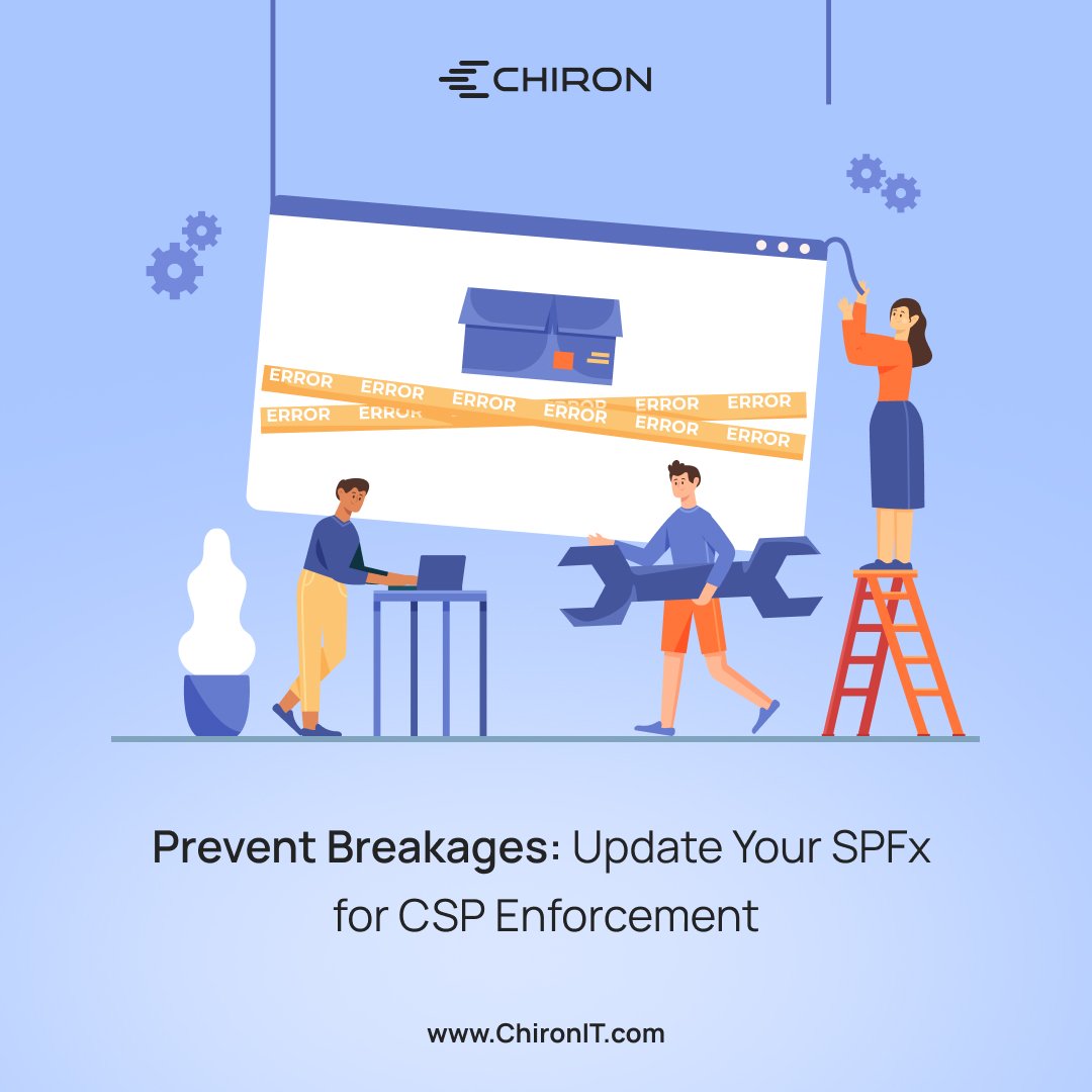 ChironUsa's tweet image. SharePoint Online will enforce CSP on Mar 1, 2026 (report-only until then).
This may block inline or unapproved scripts, impacting some #SPFx solutions. Dev tip: audit now, move inline code, add trusted domains, or delay 90 days via #PowerShell.
ChironIT.com
#ChironIT