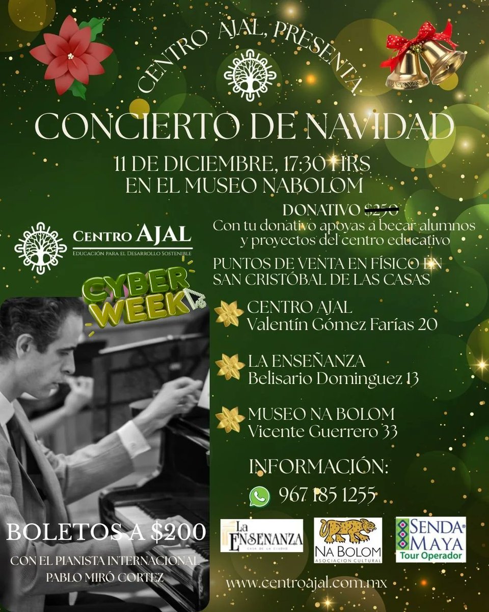 pablomirocortez's tweet photo. 🎄 Hoy a las 17:30 🕠 en el Museo Na Bolom 🏛️, acompáñanos en un recital navideño con obras de Haydn, Brahms, Ponce y Liszt 🎹✨ ¡Imperdible en San Cristóbal de Las Casas! 🏘️

#ConciertoDeNavidad #MúsicaClásica #SanCristóbalDeLasCasas #PabloMiróCortez #MuseoNaBolom #CentroAjal https://t.co/bS2i2JUyKA