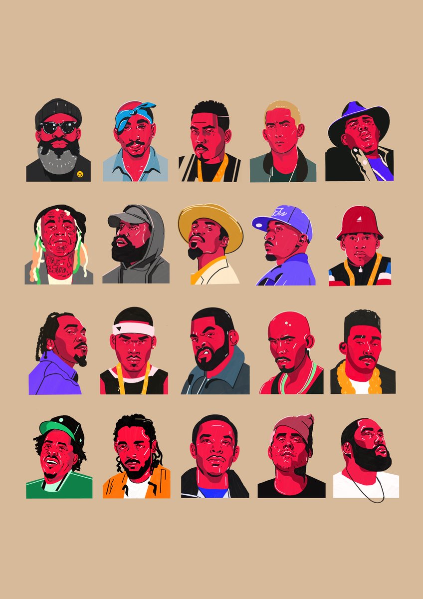 Yellowcardas's tweet image. Old illustration, still hits hard.

A full lineup of legendary rappers — my early style, bold and clean. Thinking about re-drawing and levelling up the whole series.

How many can you recognise? 🎨👊 

#illustration #rappers #illustrated