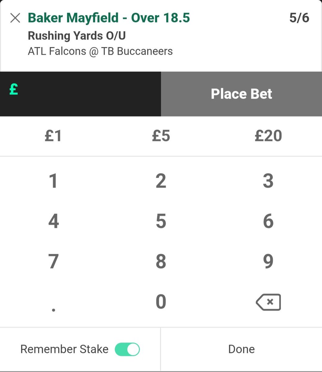 TNF 🏈 
Baker Mayfield over 18.5 rushing yards 
Went over this line in last 4 games &amp; Falcons rank 23rd giving up 21.6 rushing yrds on average to QBs 
Stats from @Oddsupio