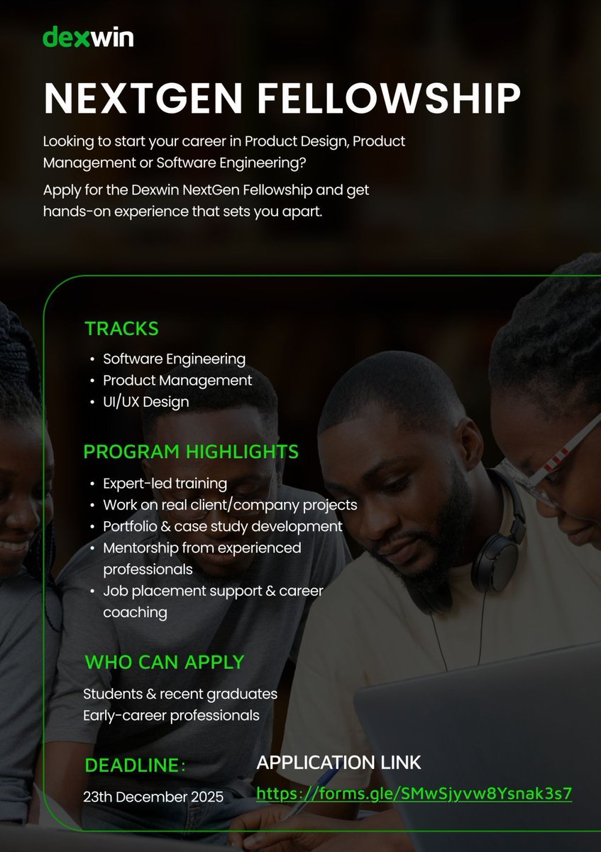 Applications for The Dexwin Fellowship are open! Real projects, mentorship, and career coaching. Tracks include:

- Software Engineering
- Product Management
- UI/UX Design

Apply by: 23rd December 2025

Apply here: buff.ly/dG7ehBD

GigsnMore TechFellowship CareerGoals