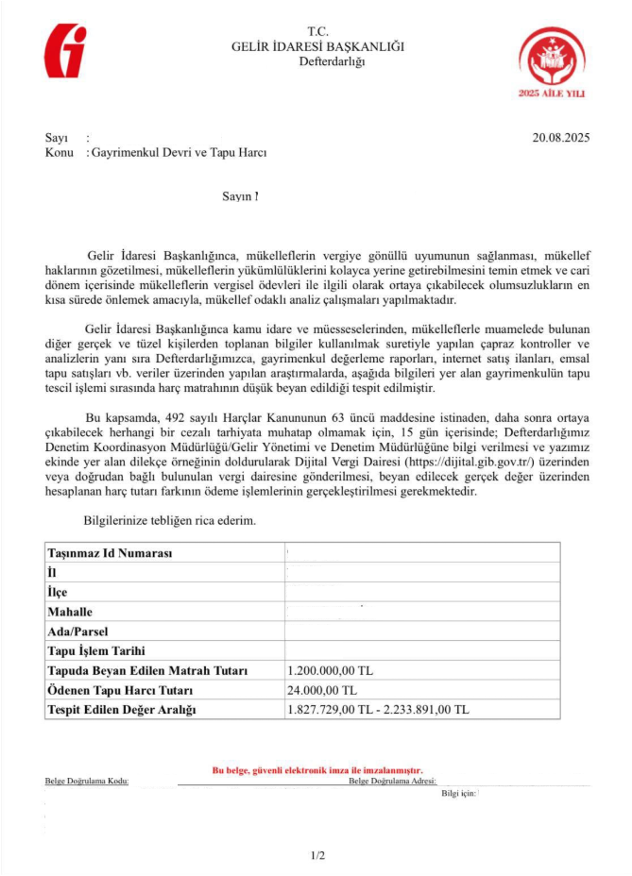 Daha evvel yazmıştım ama gözden kaçtı sanırım. Sürekli aynı soru geldiğinden hatırlatmakta yarar var.

Gayrimenkul alanlara ve satanlara vergi dairelerinden bu aralar aşağıdaki gibi yazılar geliyor.

Mealen; sen tapuda evin bedelini düşük gösterdin. Aslında bölgedeki rayiç