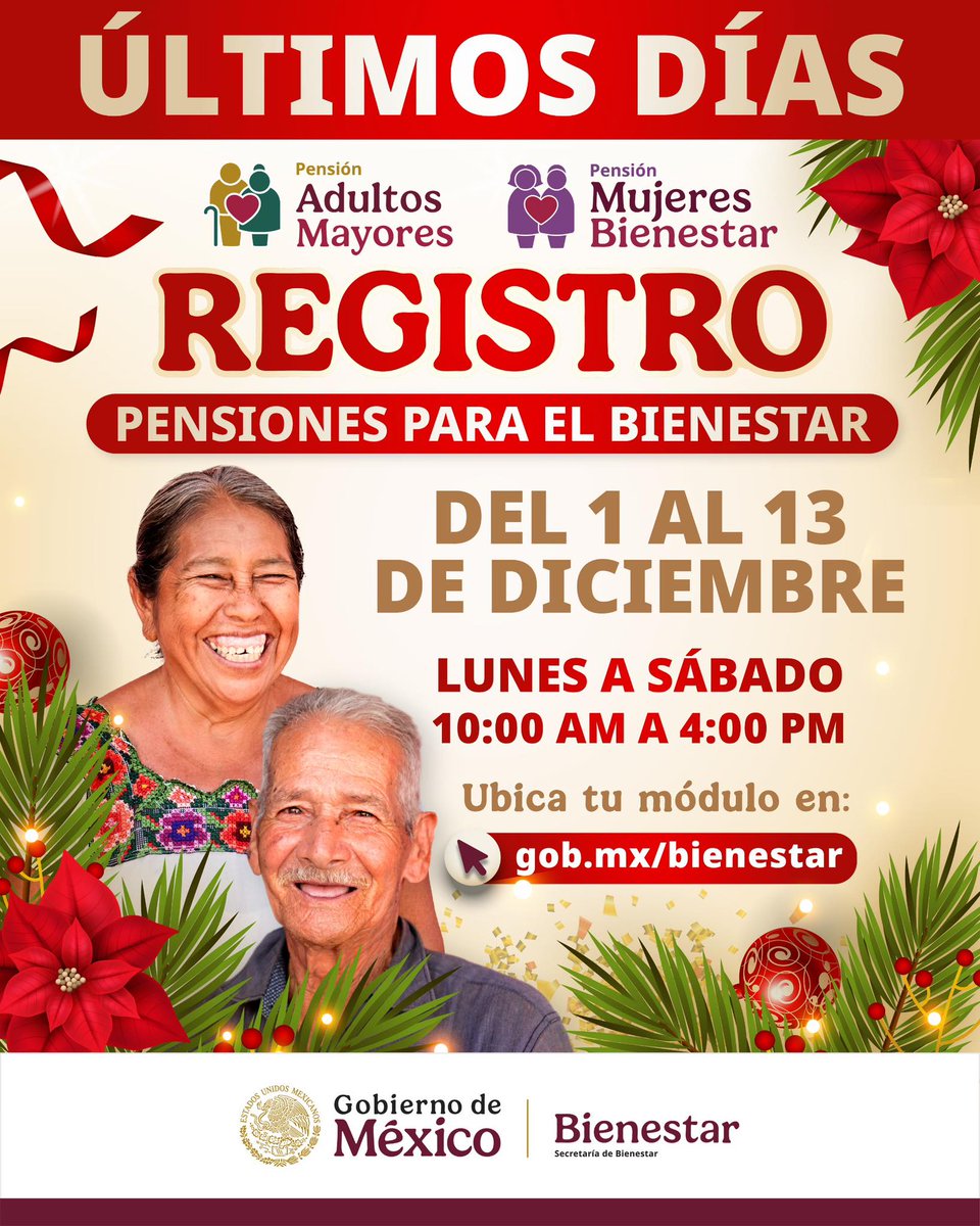 No esperes más y regístrate a la
#PensiónMujeresBienestar si ya cumpliste 60 años, o a la #PensiónAdultoMayor si tienes 65 años o más. Tienes hasta el 13 de diciembre para acudir al #MóduloBienestar más cercano a tu domicilio.
Ubícalo en: gob.mx/bienestar