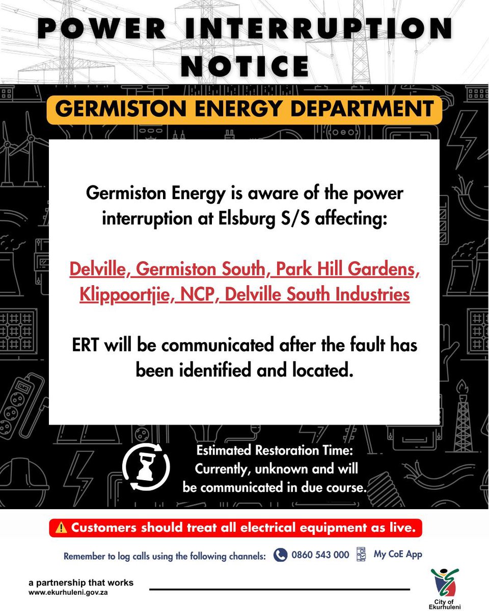 Sanibonani bahlali base Germiston. Please take note of the following planned power interruption for the areas listed below.