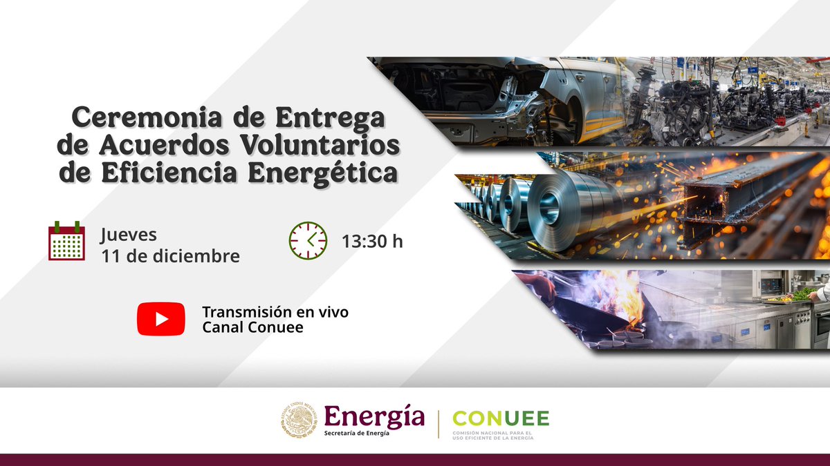 CONUEE_mx's tweet photo. ▶️ #YaComienza la Ceremonia de Entrega de Acuerdos Voluntarios de 📝#EficienciaEnergética ⚡️.  ✍️¡Celebremos el compromiso por México y se testigo de este paso histórico para la industria en el campo energético! 

📹 #EnVivo:  https://t.co/1Q2bdKhFvy

#AcuerdosVoluntarios 
@CONUEE_mx