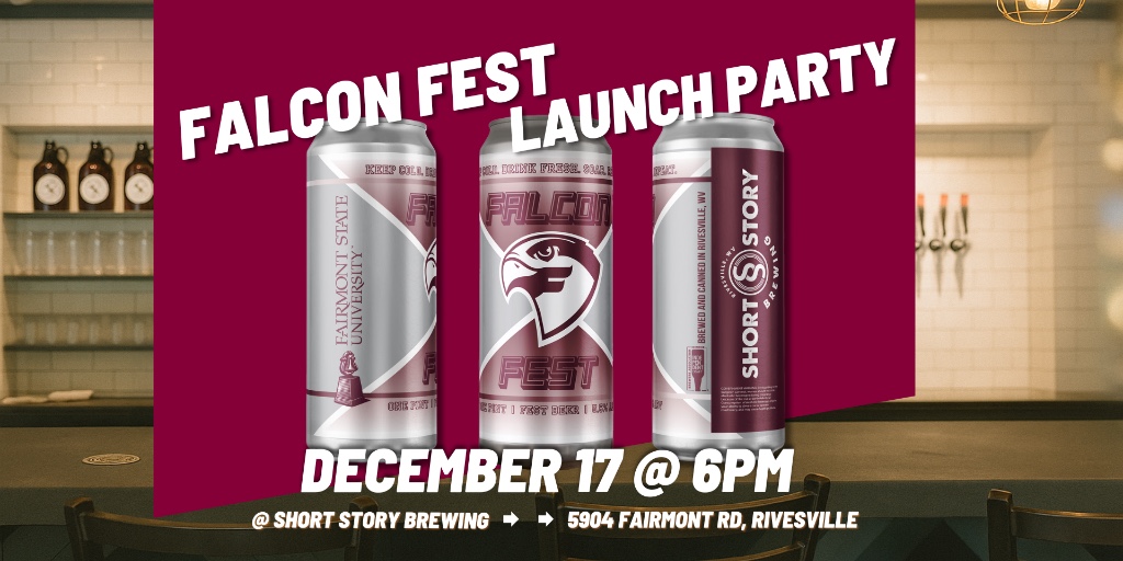 FairmontState's tweet photo. YOU'RE INVITED! 📣🥳
This event will mark the launch of our newest project, Falcon Fest – Fairmont State’s first official craft beer. Falcon Fest is brewed locally by Short Story Brewing and available at select retailers.
21+ | Enjoy responsibly
#FairmontState #FalconFest https://t.co/6UvYs02dkr