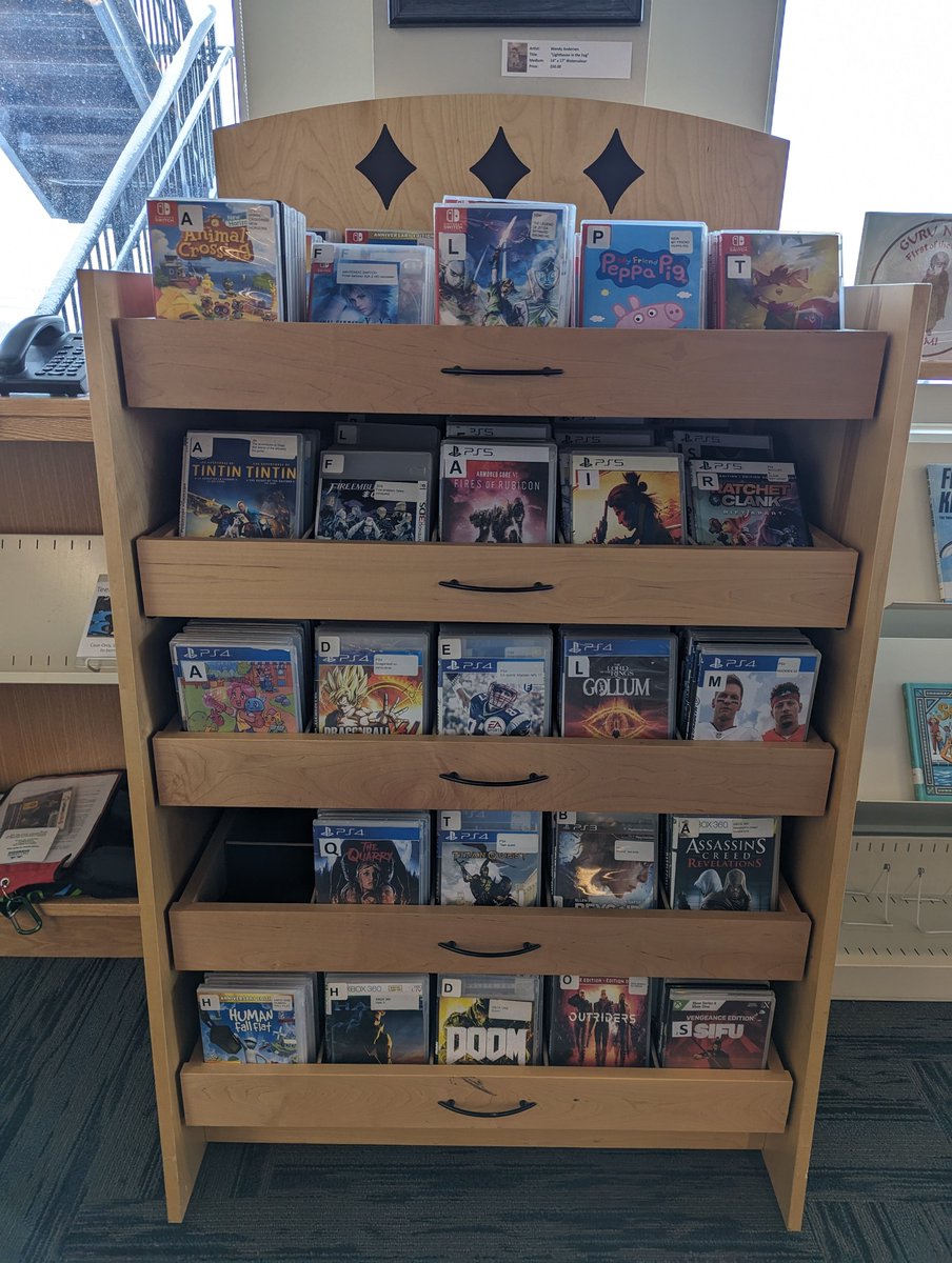 Did you know the Library has video games? We have games for these following consoles:
PlayStation 3
PlayStation 4
PlayStation 5
XBOX 360
XBOXONE
Xbox Series X
Wii
Wii U
Nintendo DS
Nintendo 3DS
Nintendo Switch
Nintendo Switch 2