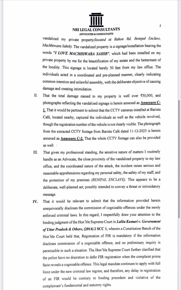 Js_pinder's tweet image. Request to Khanna police for immediate registration of  FIR against unknown and located the accused persons for attacked and vandalised of an advocate’s private property located at Machhiwara Sahib. @KhannaPolice @PunjabPoliceInd incident took place around 2.45am dated 11-12-25