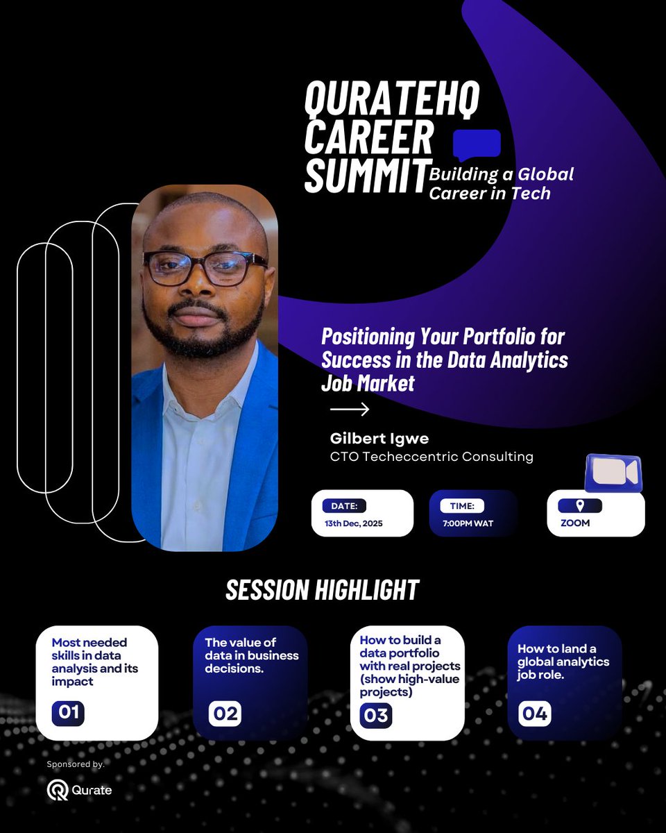 Quratehq's tweet photo. The world of Data Analytics is one of the most influential fields in tech today. A single mistake in your analysis can cause a signal shift in decision-making that breaks down an entire business process.

Meet Gilbert Igwe, CTO at Techeccentric Consulting, a technology leader who has helped global companies scale using data-driven solutions.

He will be teaching:
📍 The skills in data analysis that companies truly value
📍 How to build a data portfolio that attracts international employers
📍 The biggest mistakes aspiring analysts make without realizing
📍 How to land high-value data roles with real, practical projects

If you’ve been trying to grow your career in Data Analytics but feel you're not moving fast enough, this session will show you what you’ve been missing.

📅 13 Dec | ⏰ 7PM WAT | 📍 Zoom
Register for FREE 👉 https://t.co/u9NwCLSBzS