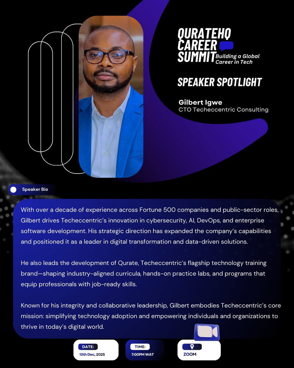 Quratehq's tweet photo. The world of Data Analytics is one of the most influential fields in tech today. A single mistake in your analysis can cause a signal shift in decision-making that breaks down an entire business process.

Meet Gilbert Igwe, CTO at Techeccentric Consulting, a technology leader who has helped global companies scale using data-driven solutions.

He will be teaching:
📍 The skills in data analysis that companies truly value
📍 How to build a data portfolio that attracts international employers
📍 The biggest mistakes aspiring analysts make without realizing
📍 How to land high-value data roles with real, practical projects

If you’ve been trying to grow your career in Data Analytics but feel you're not moving fast enough, this session will show you what you’ve been missing.

📅 13 Dec | ⏰ 7PM WAT | 📍 Zoom
Register for FREE 👉 https://t.co/u9NwCLSBzS