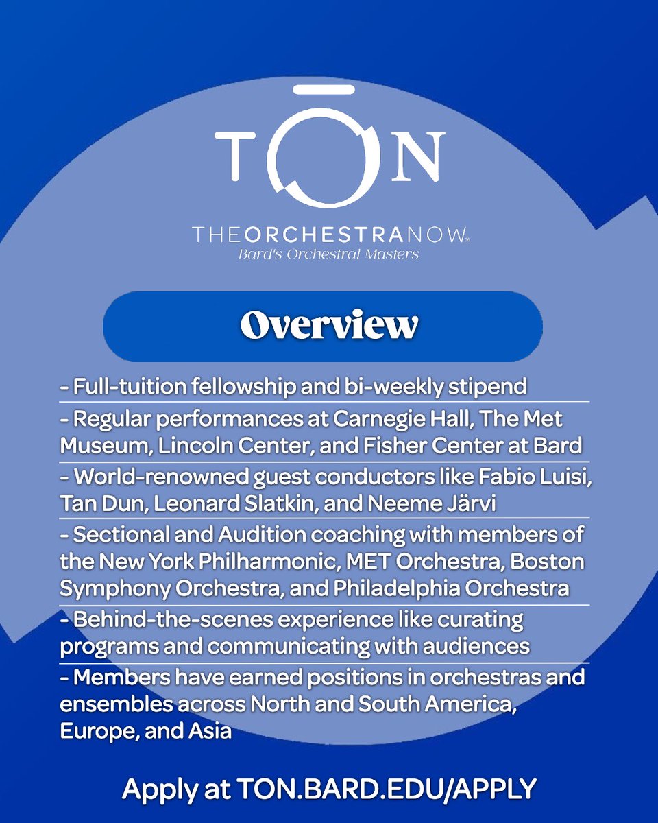 TheOrchNow's tweet photo. The application deadline for Fall 2026 is Jan 2. Openings: violin, viola, cello, bass, flute, oboe, clarinet, bassoon, horn, trumpet, tenor trombone, tuba, and percussion in the 3-year master’s degree or 2-year advanced certificate program. Apply at https://t.co/AdnGARpIoz https://t.co/hINaAA9zTS