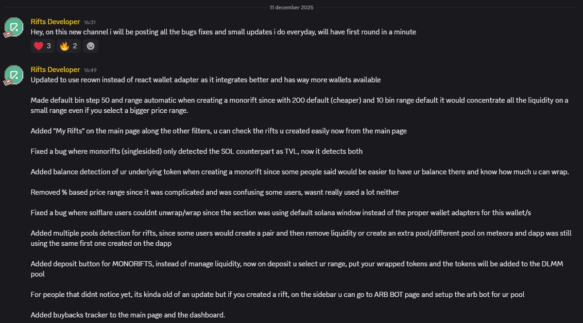 We’ve opened a dedicated "dev-updates" channel on Discord for all technical progress, infrastructure improvements, and upcoming releases related to $RIFTS.

Our development team will keep this channel updated with (but not limited to):
• Protocol improvements
• New RIFT