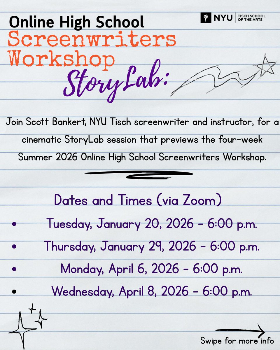tischsp's tweet photo. Step inside the creative world of screenwriting and connect with the instructor behind our summer workshop. Join us for a StoryLab session and start shaping your next great story. 🎬💫
RSVP in bio.
#nyutisch #highschoolprograms #onlineworkshops #screenwriters https://t.co/pVHRxokzqm