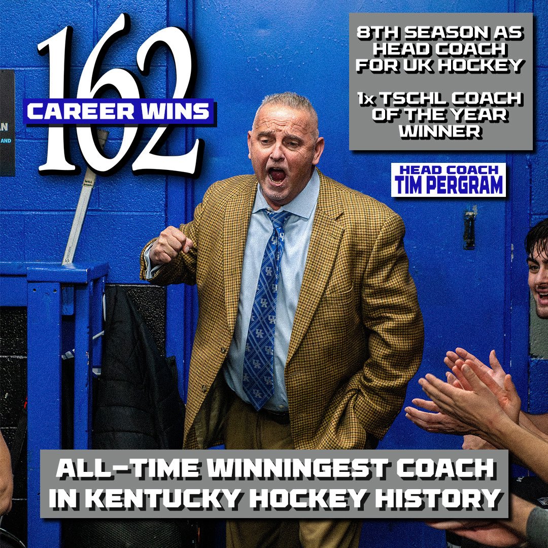 Congratulations to Head Coach, Tim Pergram! With 8 seasons, 1 TSCHL championship, and 162 career wins, he has become the ALL TIME winningest coach in Kentucky Hockey HISTORY! Thank you so much for your dedication to this program, we are lucky to have you!🌟
